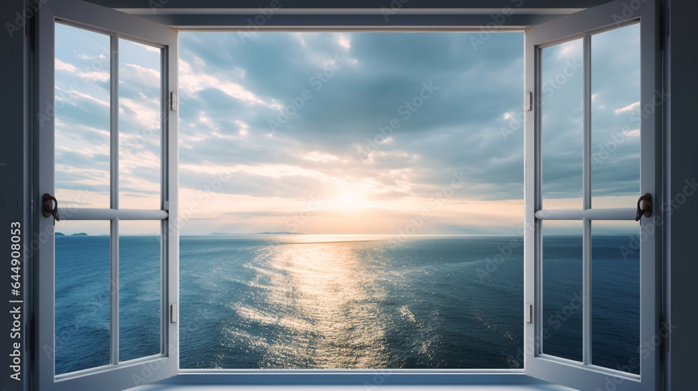 Window to Serenity Captivating Ocean Sunset View.