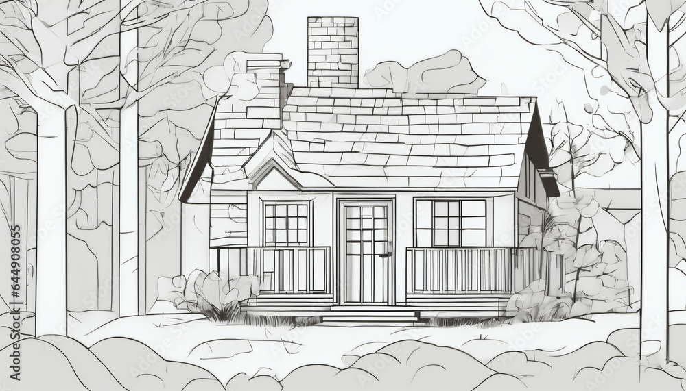 Line art drawing of a cosy home with a chimney