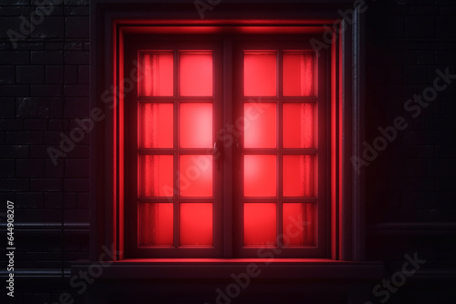 red light from the window. the red window shines mystically at night. mysterious red window. Generative AI
