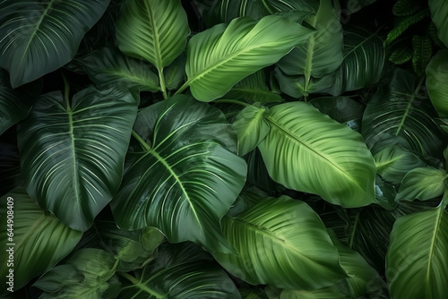 jungle nature forest palm tree beautiful tropical colourful green leaf background. Generative AI.