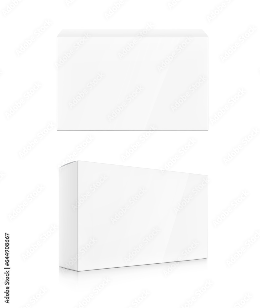 Realistic cardboard box mockup set. Vector illustration isolated on white background. Front and side view. Can be use for food, cosmetic, pharmacy, sport and etc. Ready for your design. EPS10. Realistic cardboard box mockup set. Vector illustration isolated on white background. Front and side view. Can be use for food, cosmetic, pharmacy, sport and etc. Ready for your design. EPS10.