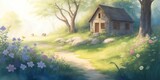 Small house in the forest. Watercolor landscape. AI generated illustration