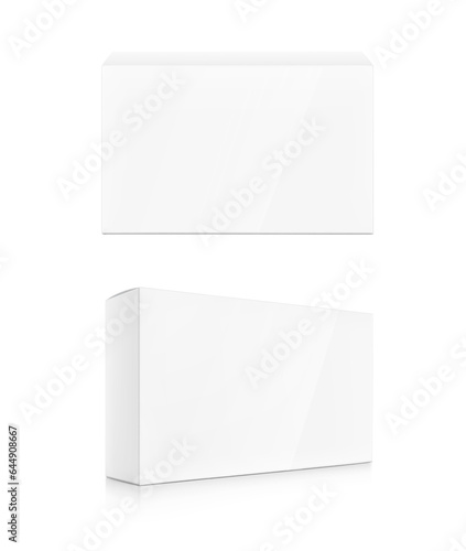 Realistic cardboard box mockup set. Vector illustration isolated on white background. Front and side view. Can be use for food, cosmetic, pharmacy, sport and etc. Ready for your design. EPS10.