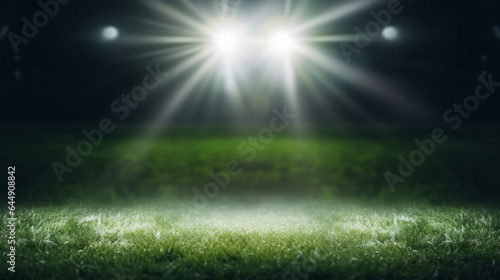 Stadium lights on empty green grass field. Football, soccer sport game copyspace background © ReneLa/Peopleimages - AI