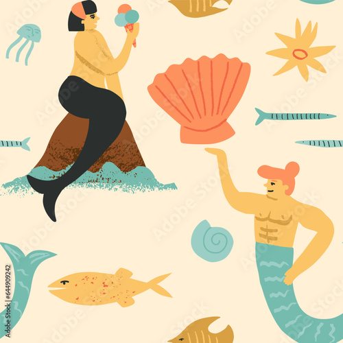 Cute mermaids vector seamless pattern. Mermaid eats ice cream cone, merman dances, undersea inhabitants, jellyfish, fish
