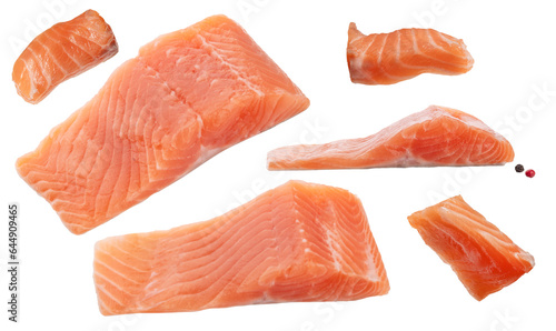 raw red fish pieces isolated on transparent background png. Falling raw salmon.