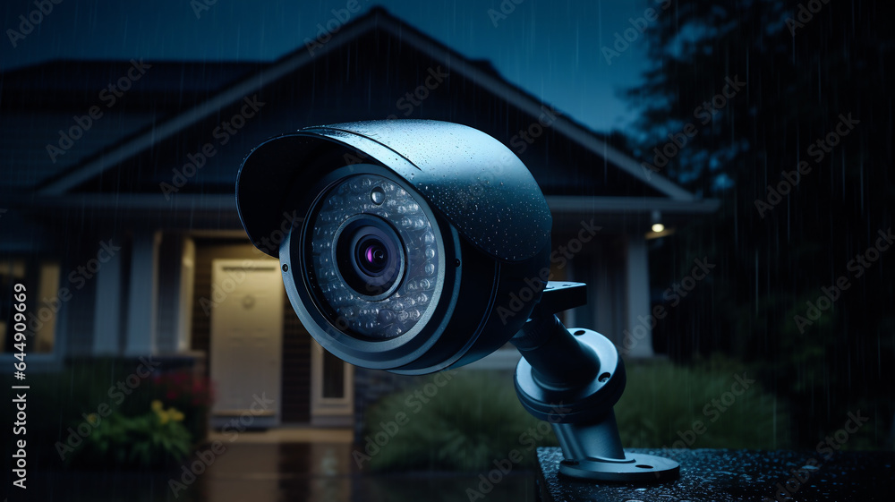 CCTV camera in the background of the house. Rainy night.