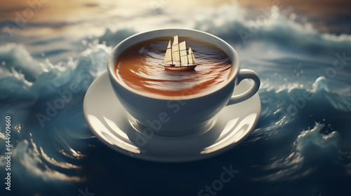 Cup of coffee where the coffee foam is depicted as a yacht on the waves and sunset. Sea background