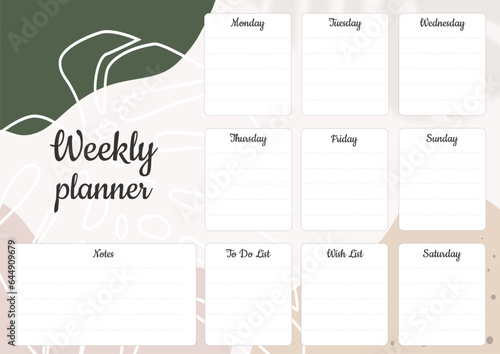Weekly planner with plants. Beige, green and white colors. Vector illustration.