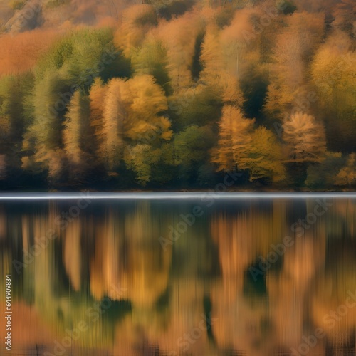 A symmetrical reflection of autumn trees in a tranquil lake1