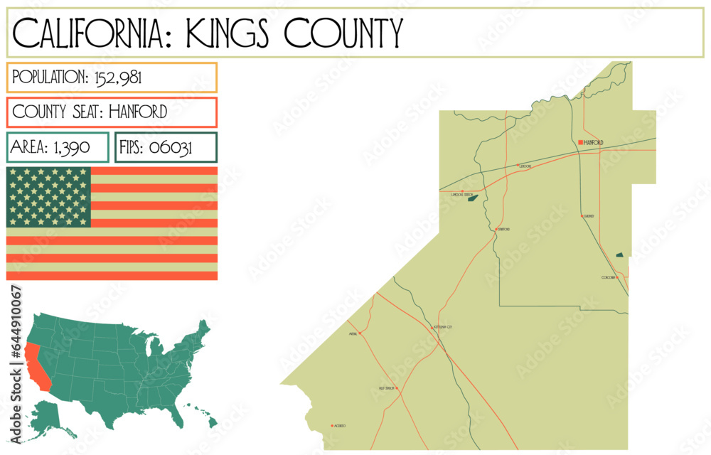 Large and detailed map of Kings County in California, USA.
