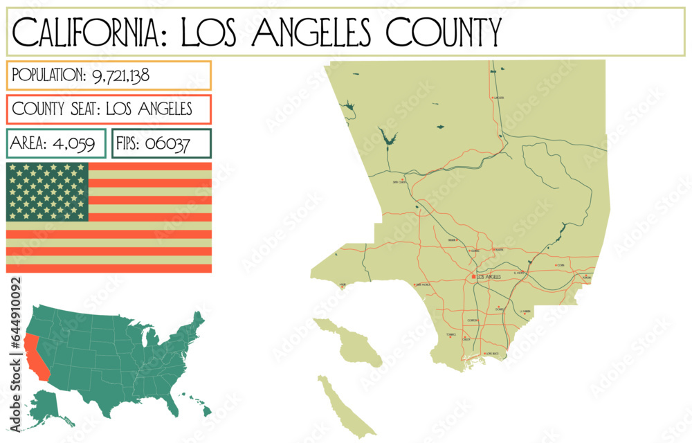 Obraz premium Large and detailed map of Los Angeles County in California, USA.