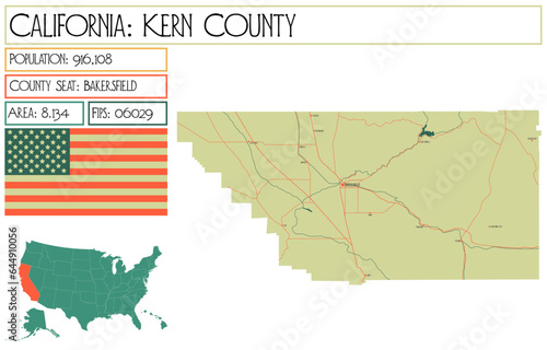 Large and detailed map of Kern County in California, USA.