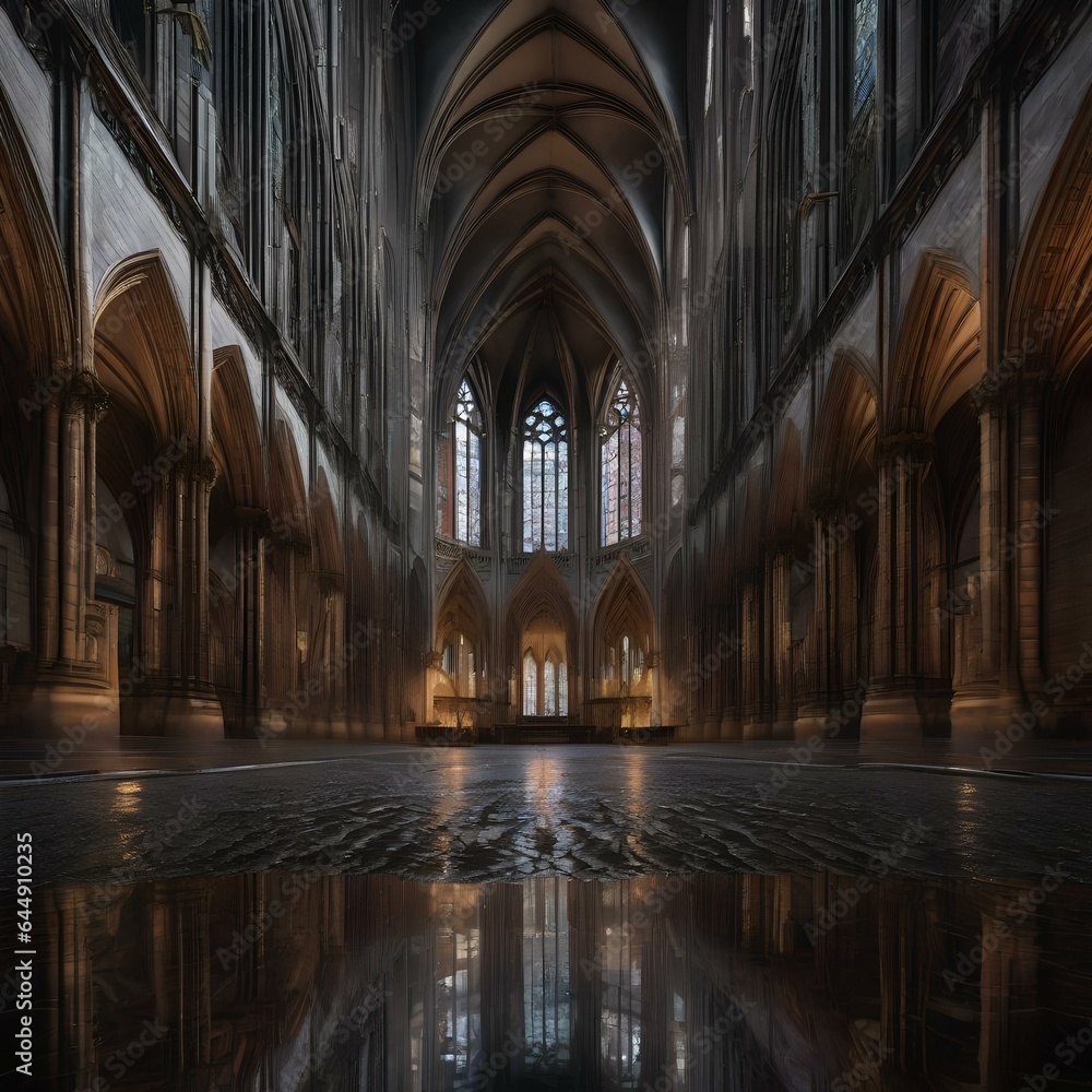 A symmetrical reflection of a gothic cathedral in a rain puddle4