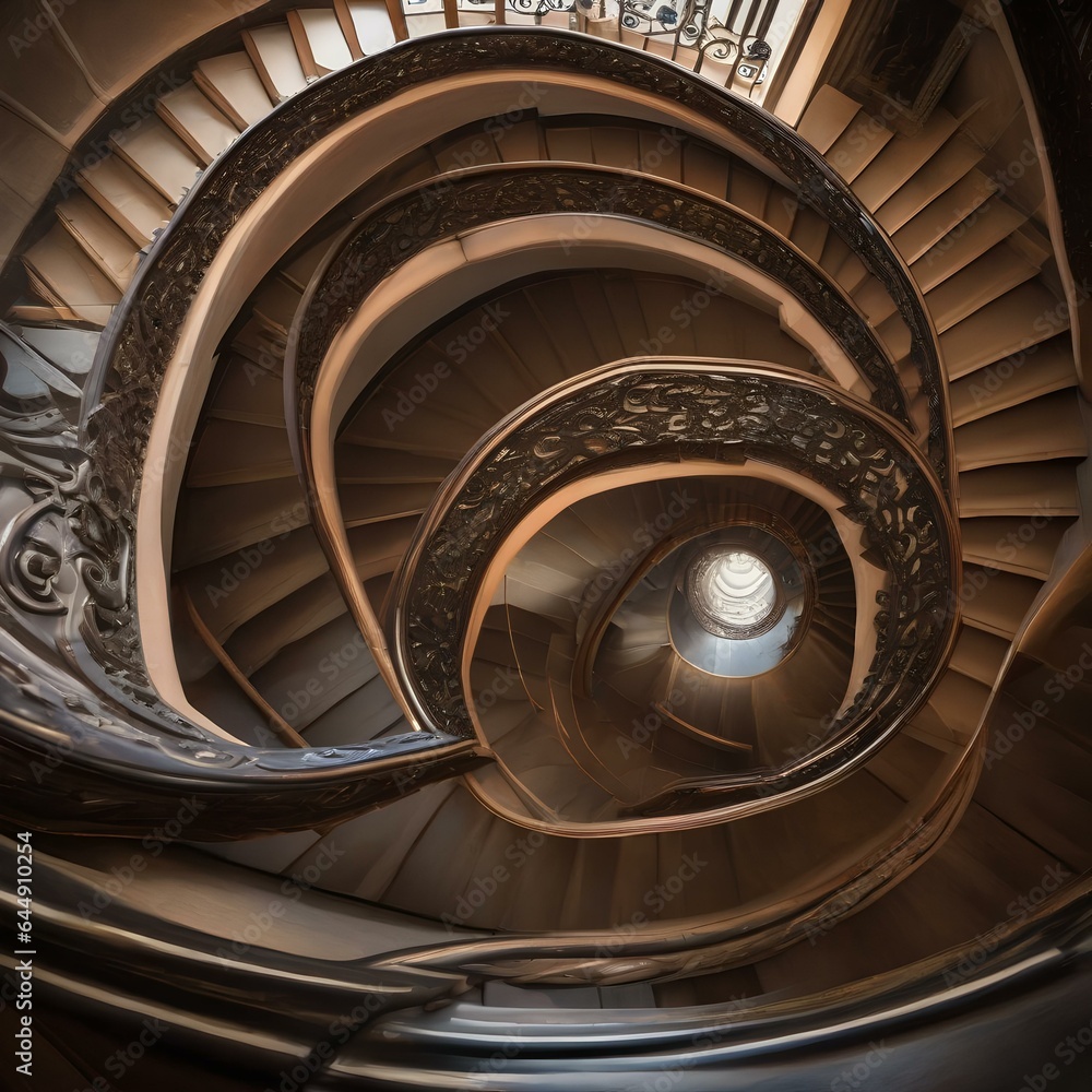 A spiral staircase winding up the interior of an ancient, ornate tower3