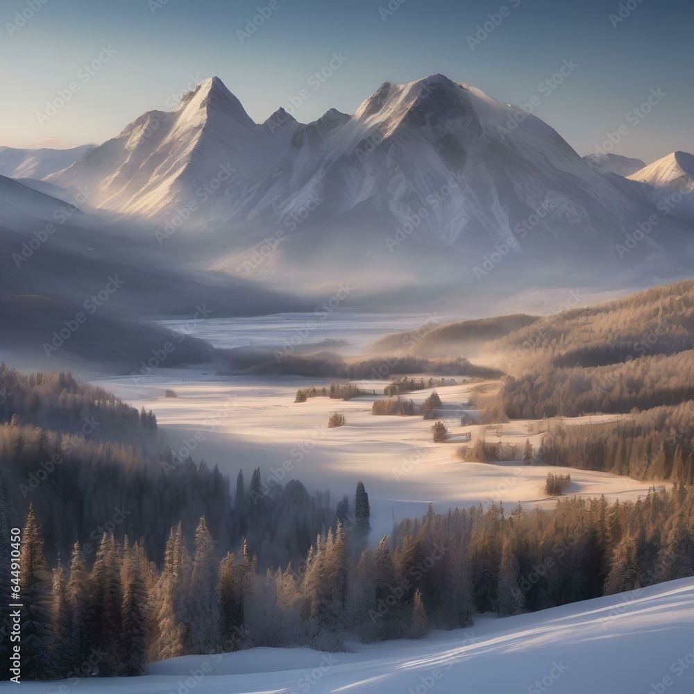 A panoramic view of a serene, snow-covered mountain range at sunrise2