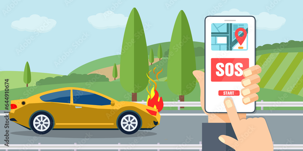 Φωτογραφία Macchina o  furgone  in fiamme , con cellulare sos  start in strada isolata natu