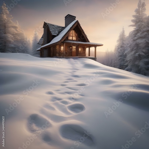 A pattern of footprints in freshly fallen snow leading to a hidden cabin in the woods2