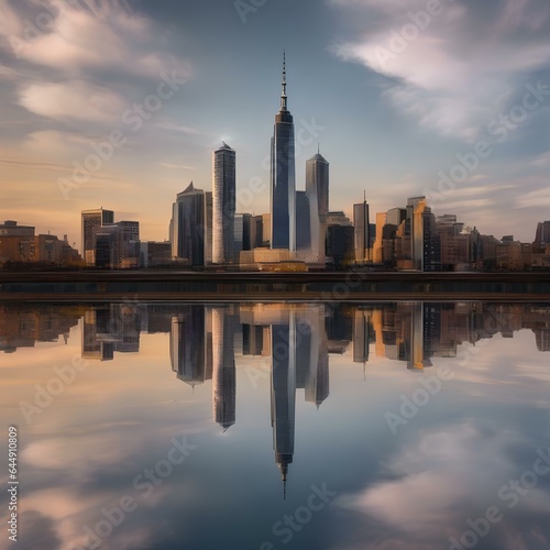 A symmetrical reflection of a city skyline in a calm, glassy lake2