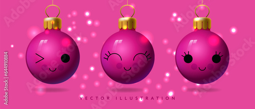 Christmas glass pink balls. Mockup of Christmas pink ball with decoration cute emoji faces, hanging on gold ribbon. Festive decoration objects