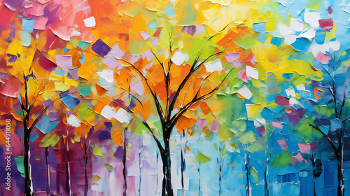 Abstract rough colourful art painting of trees, with oil brushstroke, pallet knife paint on canvas,vivid colours, impasto technique. Ai generative.