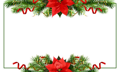 Christmas tree branches, bells and red poinsettia flower in a holiday frame isolated on white or transparent background