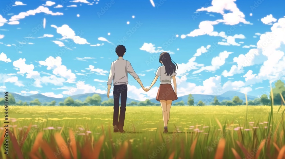 Anime Sunshine Two Smiling Figures Holding Hands in a Sunny Summer Field. Anime Sunshine Two Smiling Figures Holding Hands in a Sunny Summer Field.