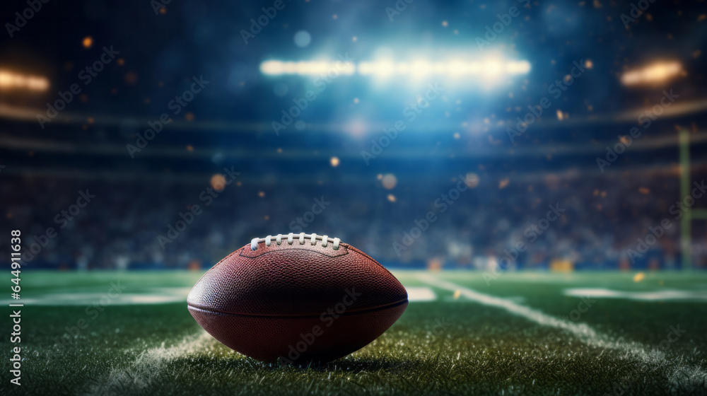 Stadium lights on green grass field with ball. Football sport game copyspace background Stadium lights on green grass field with ball. Football sport game copyspace background