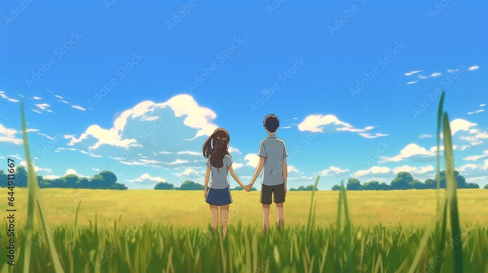 Anime Sunshine Two Smiling Figures Holding Hands in a Sunny Summer Field. Anime Sunshine Two Smiling Figures Holding Hands in a Sunny Summer Field.