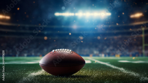 Stadium lights on green grass field with ball. Football sport game copyspace background