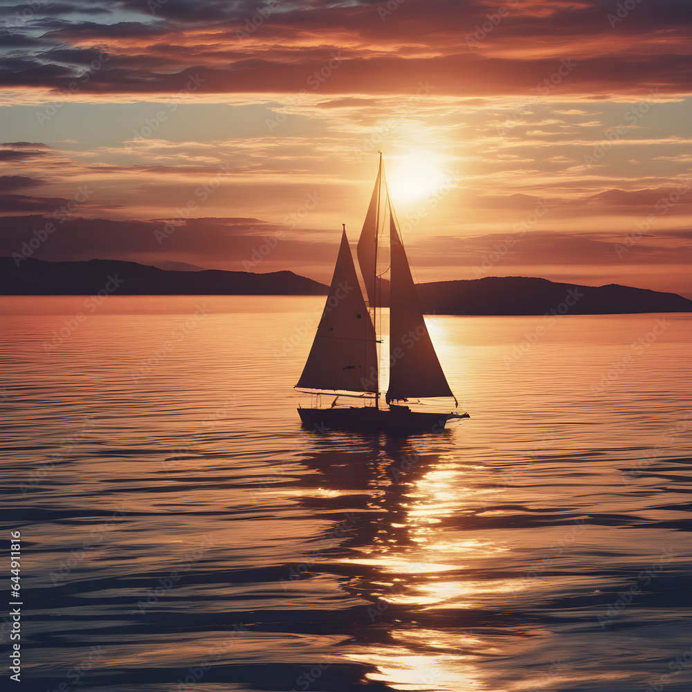 Beautiful seascape with the sea and a sailboat at sunset