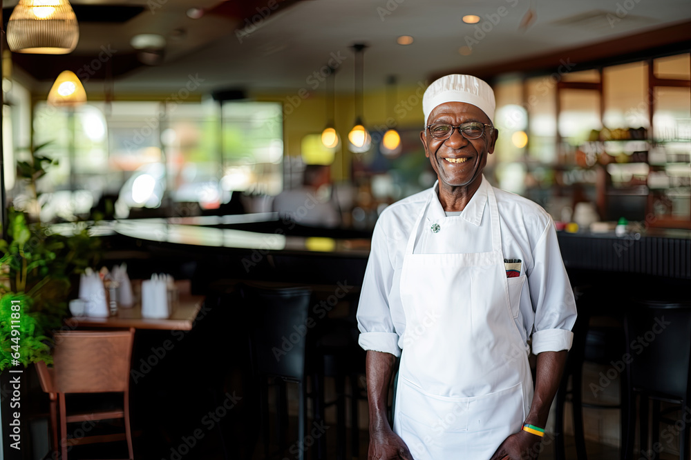 Mature afro chef in clear glasses, uniform with white hat and white blank apron standing smiling on blurred bar background.  Mock-up for design. Blank template. - obrazy, fototapety, plakaty 