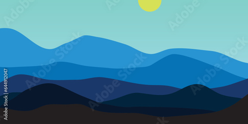 Landscape mountain of blue illustration silhouettes flat design, view, sun