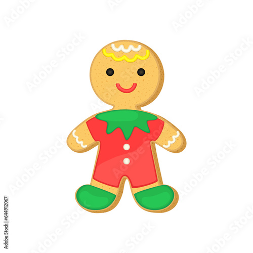 Christmas sugar cookie gingerbread man elf. Xmas vector illustration with cute gingerbread person. Cookie shape decorated with colorful icing. Red green color holiday sugar cookie bisquit.