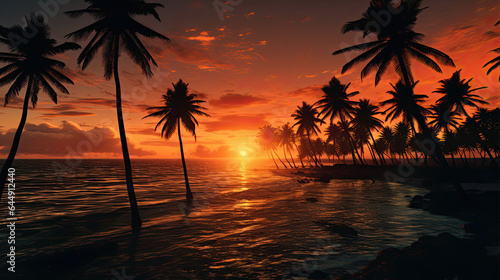 Coconut palm trees on tropical beach at golden sunset with shining sun © Ziyan Yang