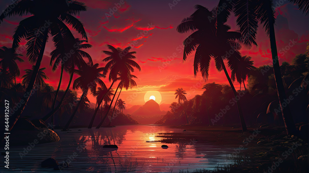 Coconut palm trees on tropical beach at golden sunset with shining sun