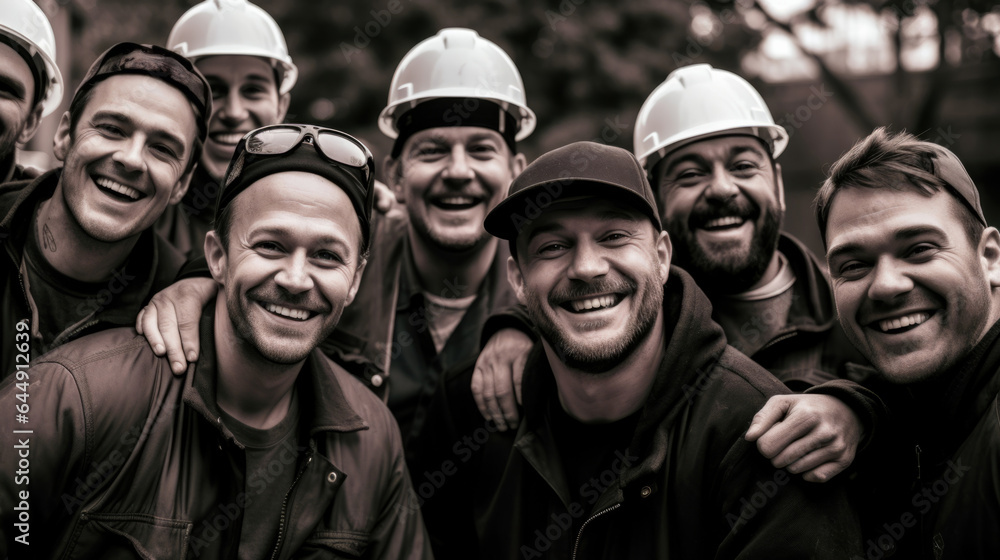 Male group of happy construction workers in hardhats, looking at camera.Male engineers contractors - obrazy, fototapety, plakaty 