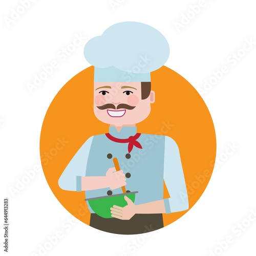 French chef in uniform and cap. Cook stirring sauce in wide bowl. Multicolored flat vector circle icon representing man activities and professions concept isolated on white background