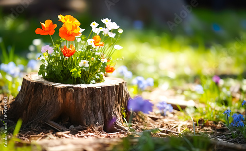 Beautiful various colorful flower and tree stump in lawn grass garden.nature and environment background.product podium