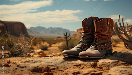 Cowboy boots in the desert. The concept of the wild west. Sunset. Generative AI