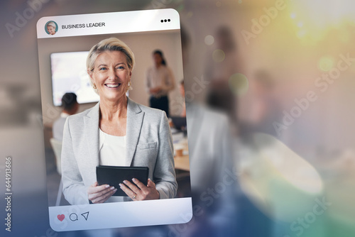Tablet, business and social media with a senior woman on screen for management, leadership or double exposure. Profile picture, status or update and a confident corporate CEO on a display with space photo