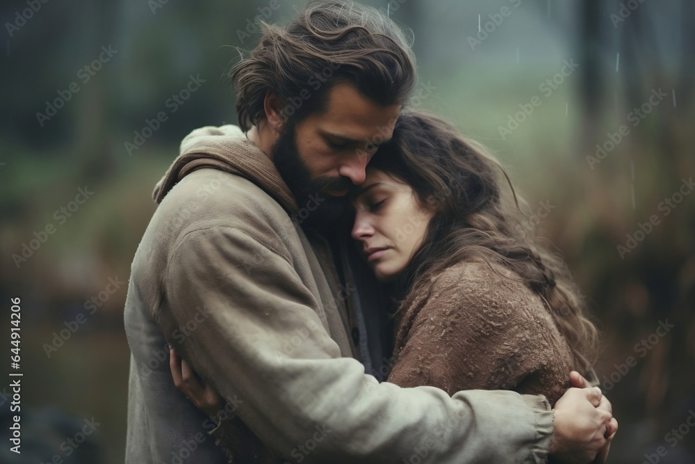 Sad Couple Comforting Each other in Difficult Times. Family Overcoming Difficulties Together, Tender Moment. Atmosphere of Sadness and Tragedy. Moment of Human Drama Sad Couple Comforting Each other in Difficult Times. Family Overcoming Difficulties Together, Tender Moment. Atmosphere of Sadness and Tragedy. Moment of Human Drama