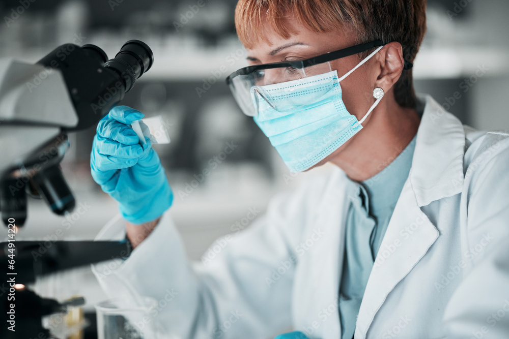Microscope slide, woman and research with medical, mask and data analysis with biotechnology, vaccine and dna. Person, scientist and employee with face cover, laboratory equipment and review sample Microscope slide, woman and research with medical, mask and data analysis with biotechnology, vaccine and dna. Person, scientist and employee with face cover, laboratory equipment and review sample