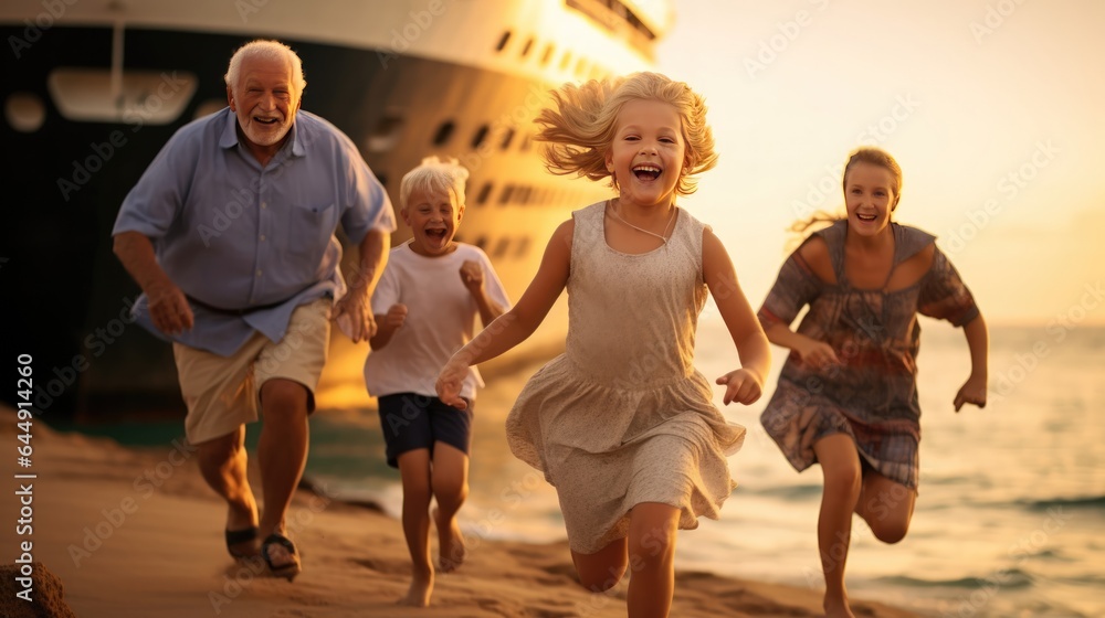 Sunset Beach Fun: Grandparents and Children Enjoying a Happy Summer Vacation Run. Generative ai. - obrazy, fototapety, plakaty 
