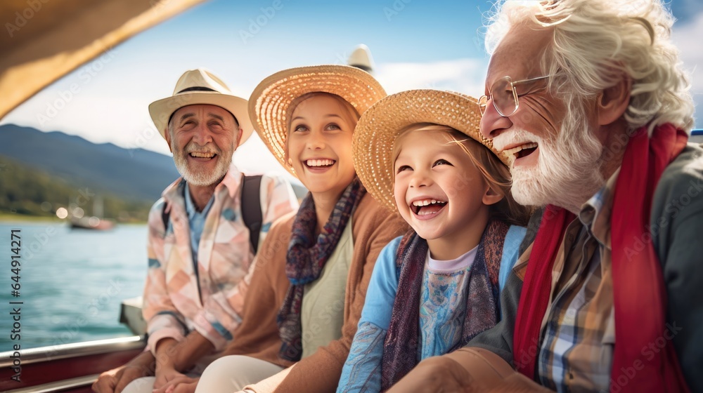 Happy family on a boat trip. Grandparents and their grandson are traveling together. Generative ai.
