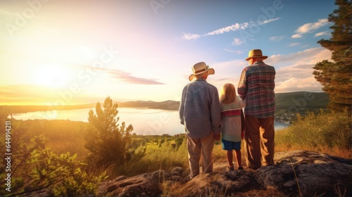 Back view of three generations of family standing on top of a mountain and looking at beautiful landscape. Generative ai.