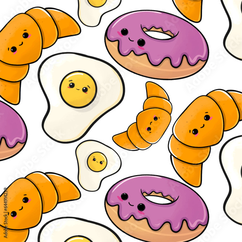 Seamless breakfast pattern cute smile. Hand drawn nursery cartoon doodle kawaii breakfast character. Childish vector illustration in a simple naive style. Perfect for printing. stickers
