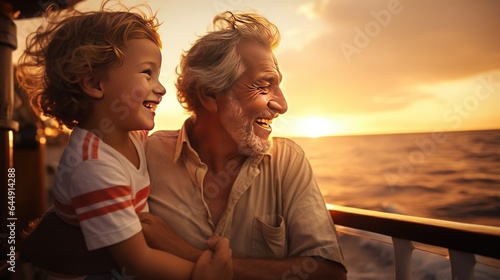 Joyful Grandfather and Grandson on a Sunset Cruise: Creating Lifelong Memories at Sea. Generative ai.