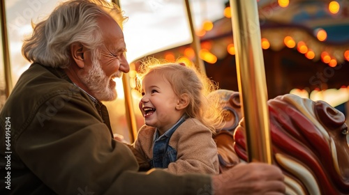 Evening Delight: Grandfather and Granddaughter Sharing Laughter and Play on the Amusement Park Carousel. Generative ai.