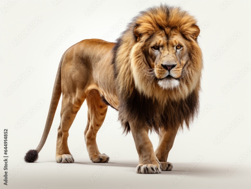 Big male lion standing on white background, front view. 
